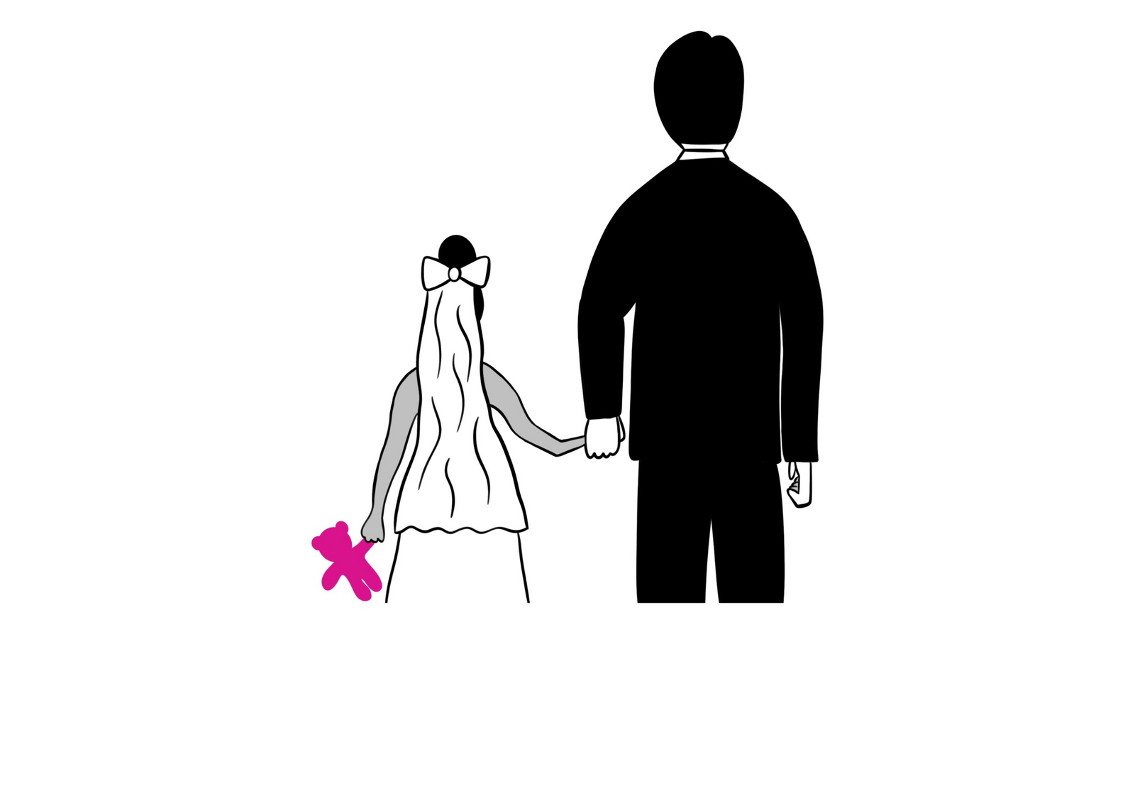Rückenansicht erwachsener Mann mit Kind im Brautkleid