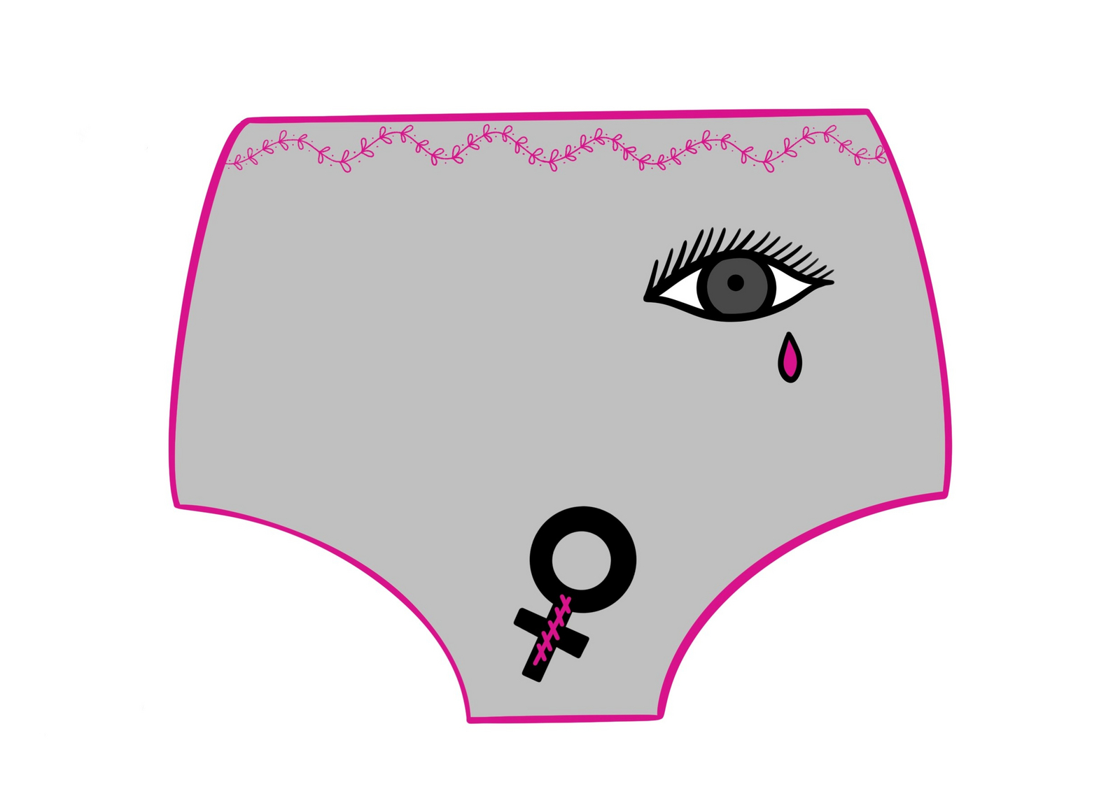 Unterhose mit weinendem Auge und Zeichen als Symbol der Weiblichkeit